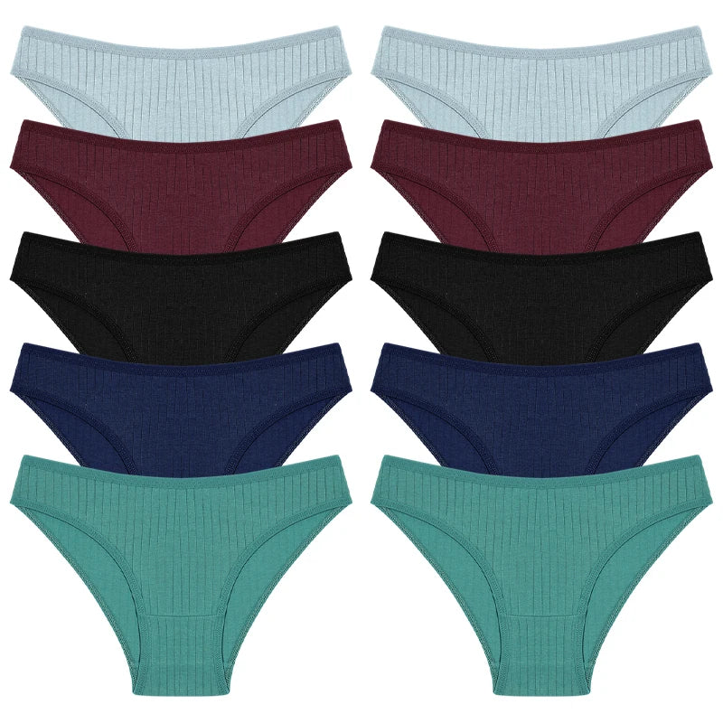 FINETOO 10PCS Women's Cotton Panties Sexy Breathable Underwear Female Solid Comfortable Lingerie Striped Briefs Wholesale M-XL