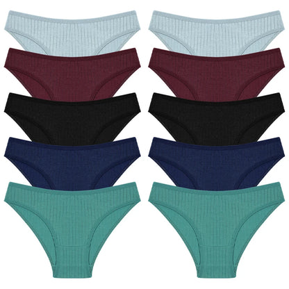 FINETOO 10PCS Women's Cotton Panties Sexy Breathable Underwear Female Solid Comfortable Lingerie Striped Briefs Wholesale M-XL