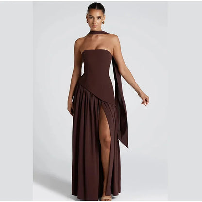 Elegant Off-shoulder Strapless Yellow Long Dresses 2025 Summer Party Dress Women Pleat Scarf Neck Holiday Evening Lady Vestidos