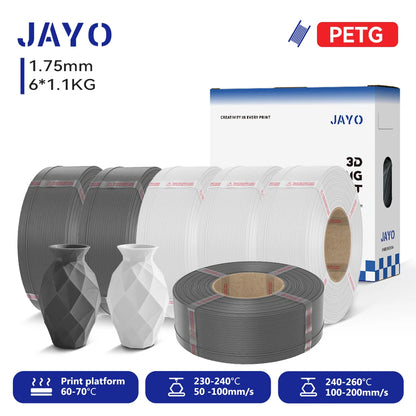 JAYO Refill PETG/PLA+ Filament 1.75mm Refill 3D Printer Filament, Suitable for Bambu Lab Filament & JAYO Reusable spools 6Rolls