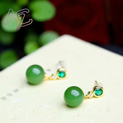 Green Natural Jade Bead Earrings Ear Stud Lucky Luxury Talismans Real Jewelry Fashion Accessories Vintage Designer