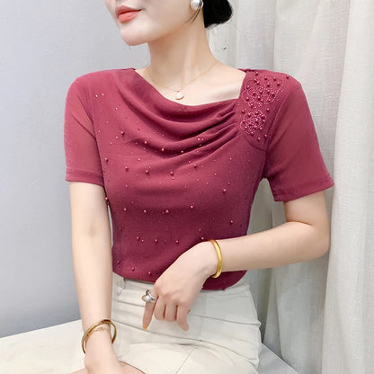 Korean Fashion Hot Diamond T Shirt Summer Casual Skew Neck Mesh Tops Beaded Short Sleeve Women Tees