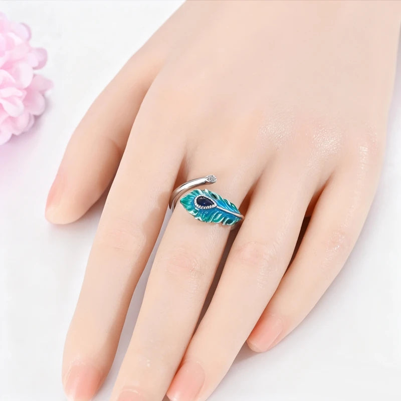 Original 925 Sterling Silver Malachite Green Open Ring Peacock Feather Adjustable Ring For Women Gift