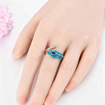 Original 925 Sterling Silver Malachite Green Open Ring Peacock Feather Adjustable Ring For Women Gift
