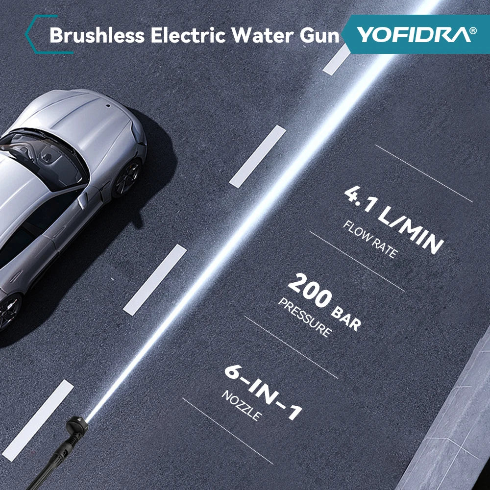 YOFIDRA 200Bar Brushless High Pressure Washer Gun Electric Car Washer Garden Watering Gun Cleaning Tools for Makita Battery Pins