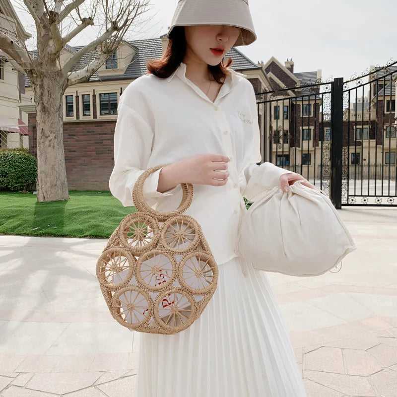 Large Capacity Straw Woven Handbag Handwoven Hollow Women Shoulder Bag Travel Vacation Summer Beach Bag Top Handle Bags