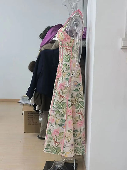 Women Elegant Printed Halter Long Sling Dress Sexy V-neck Sleeveless High Waist Slim A-line Dresses Lady Evening Party Dress