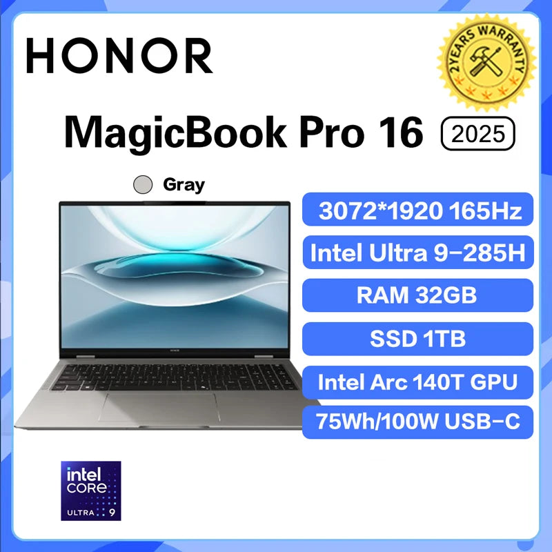 Honor MagicBook Pro 16 Laptop Ultra5 225H/Ultra9 285H 24G/32G 1T 3.1K 165Hz Honor Laptop Notebook Ultrabook Game Computer
