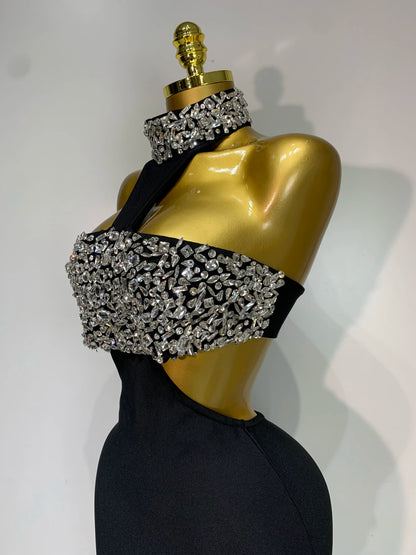 Women Sexy Backless Sparkly Crystal Diamonds Black Bodycon Bandage Dress Celebrity Elegant Evening Club Party Birthday Dresses