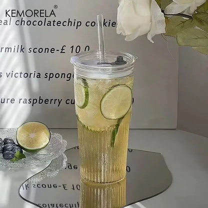 600ml Striped Glass Cup with Lid & Straw – Transparent Drinking Glass for Juice, Iced Coffee & Water, Outdoor Drinkware