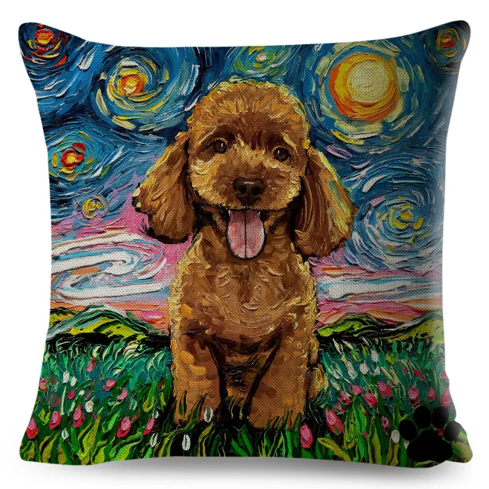 Both Sided Starry Sky Dog Cushion Cover Decor Oil Painting Cartoon Pet Animal Pillow Case for Sofa Home  Linen Pillowcase