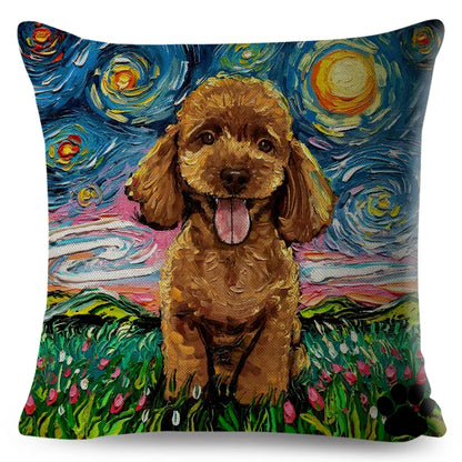 Both Sided Starry Sky Dog Cushion Cover Decor Oil Painting Cartoon Pet Animal Pillow Case for Sofa Home  Linen Pillowcase