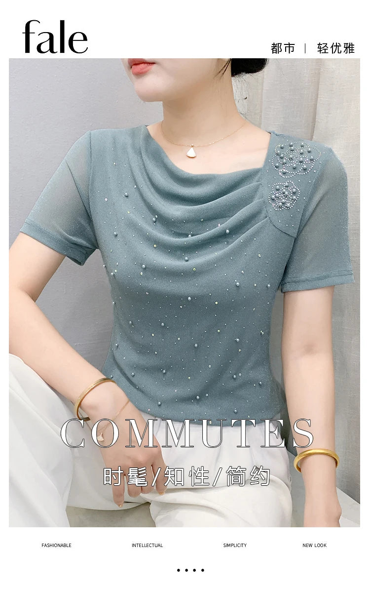 Korean Fashion Hot Diamond T Shirt Summer Casual Skew Neck Mesh Tops Beaded Short Sleeve Women Tees
