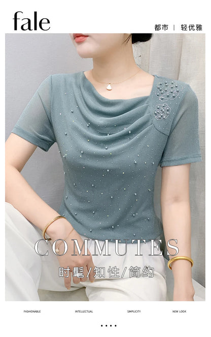 Korean Fashion Hot Diamond T Shirt Summer Casual Skew Neck Mesh Tops Beaded Short Sleeve Women Tees