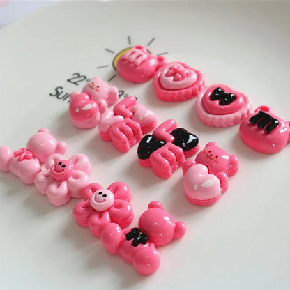10PCS Shiny Rose Red Bear Flower Miniature Resin Flat Back Cabochons For Hairpin Scrapbooking DIY Home Decor Craft Accessories