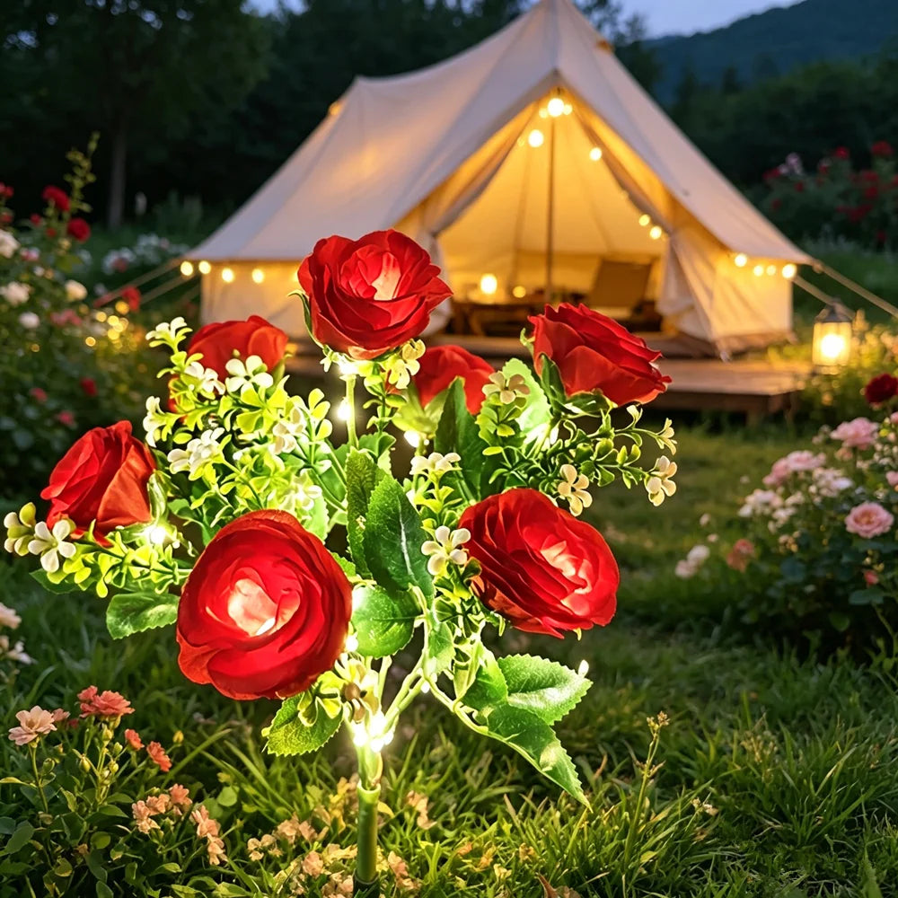Landscape Garden Garden Yard Lawn Night Lamp 5 Head LED Solar Simulation Rose Flower LED Light Wedding Home Decoration Flowers