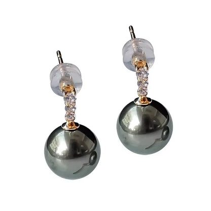 18K Yellow Gold Tahiti Pearl Drop Earrings For Women,Big Natural Black Pearl Earrings AU750 Wedding Gift Girl
