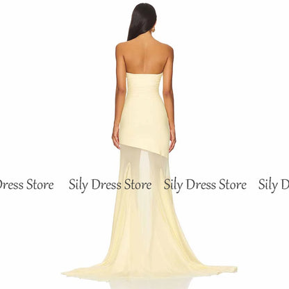 Women's Long Chic Evening Dresses 2025 Spandex Tulle Mermaid Valentine's Day Dress Pale yellow Strapless Ruched Prom Gown Long