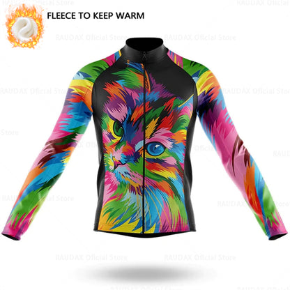 Cartoon Cat Winter Cycling Jersey Men Thermal Fleece Long Sleeve Race Sweatshirt MTB Cycling Clothing Ropa Ciclismo Bike Jacket