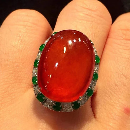 Natural chalcedony Positive red oval large egg face ring opening adjustable Chinese style peculiar retro ladies jewelry