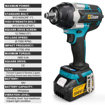 1800N.M Torque Brushless Electric Impact Wrench 1/2 inch Lithium-Ion Battery Cordless Wrench Tools For Makita 18V Battery Pins