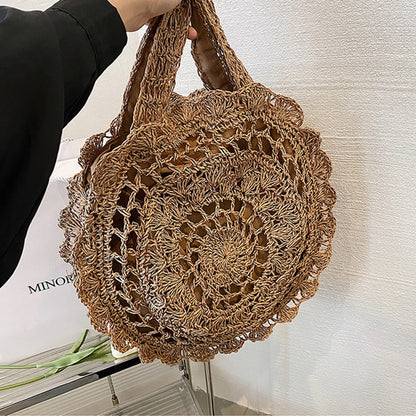 Bohemian Straw Bags for Women Circle Beach Handbags Summer Rattan Shoulder Bags Handmade Knitted Travel Big Totes Bag New