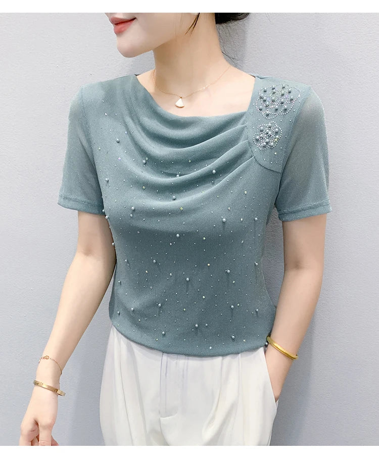Korean Fashion Hot Diamond T Shirt Summer Casual Skew Neck Mesh Tops Beaded Short Sleeve Women Tees