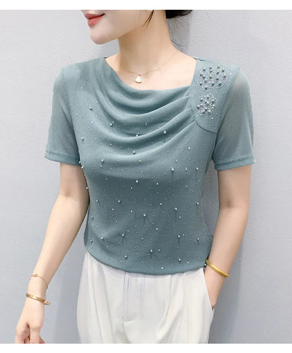 Korean Fashion Hot Diamond T Shirt Summer Casual Skew Neck Mesh Tops Beaded Short Sleeve Women Tees