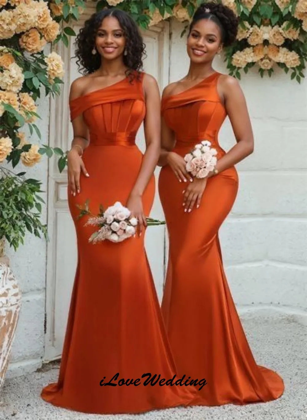 Orange One Shoulder Bridesmaid Dresses 2025 Wedding Party Dresses For Woman Elegant Mermaid Ribbons Sweep Train Satin Customized