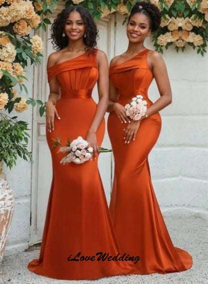 Orange One Shoulder Bridesmaid Dresses 2025 Wedding Party Dresses For Woman Elegant Mermaid Ribbons Sweep Train Satin Customized