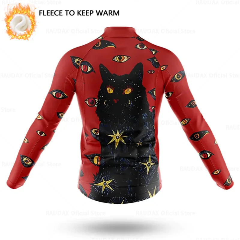 Cartoon Cat Winter Cycling Jersey Men Thermal Fleece Long Sleeve Race Sweatshirt MTB Cycling Clothing Ropa Ciclismo Bike Jacket
