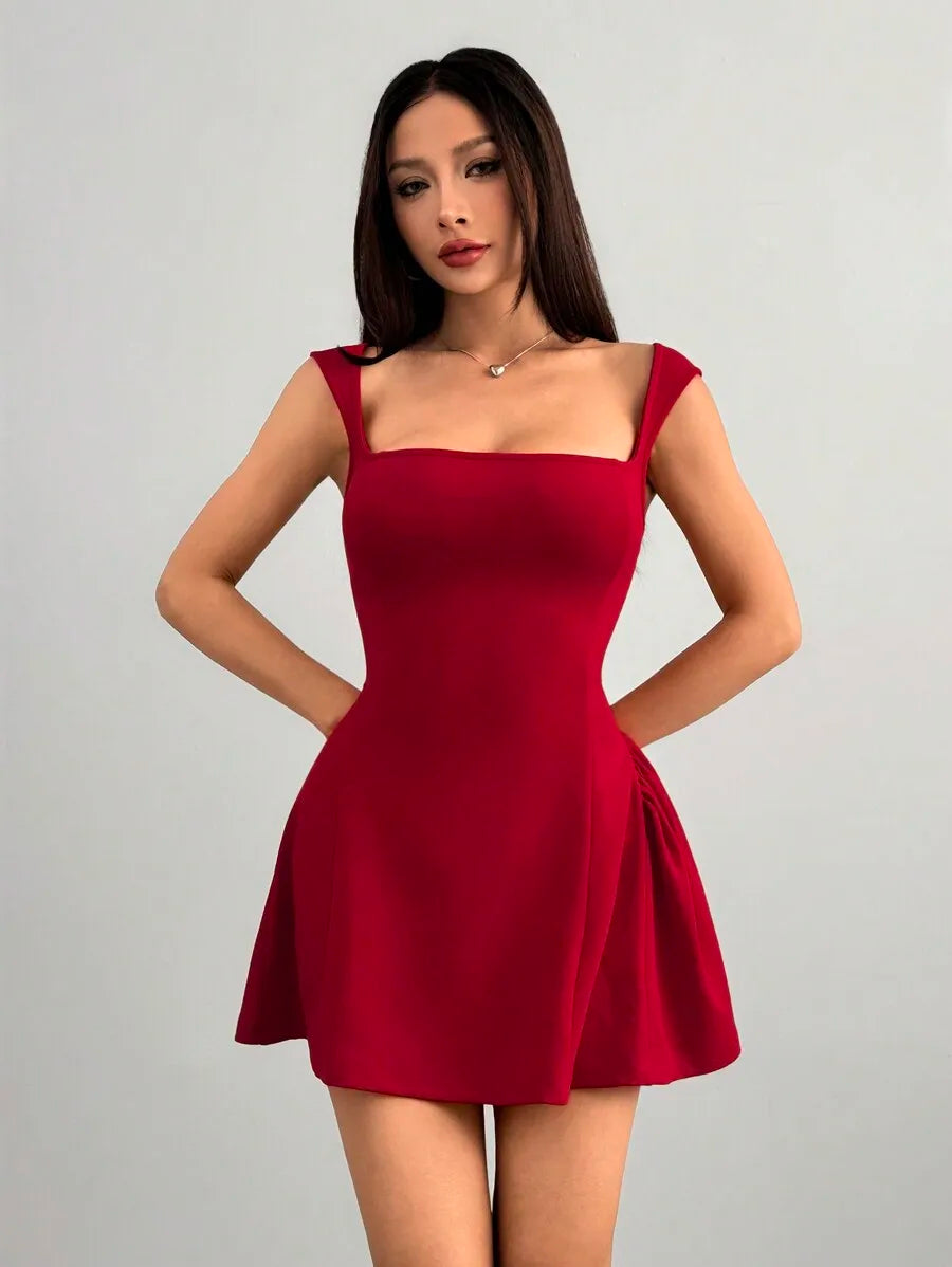 Women's Red Square Neck Mini Dress with Flared Skirt, Stretchy Fit for Party or Festival