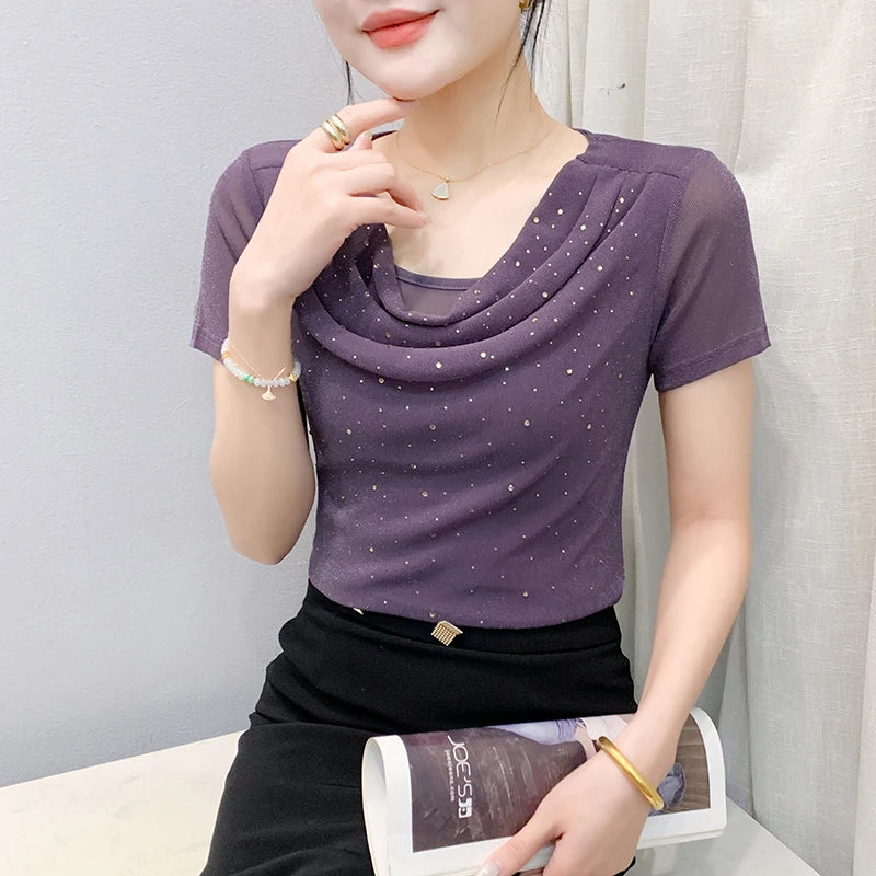 Korean Fashion Hot Diamond T Shirt Summer Casual Skew Neck Mesh Tops Beaded Short Sleeve Women Tees