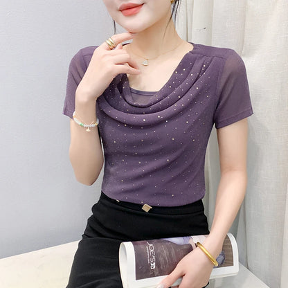 Korean Fashion Hot Diamond T Shirt Summer Casual Skew Neck Mesh Tops Beaded Short Sleeve Women Tees