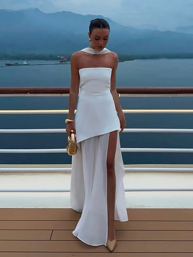Elegant Off-shoulder Strapless Yellow Long Dresses 2025 Summer Party Dress Women Pleat Scarf Neck Holiday Evening Lady Vestidos