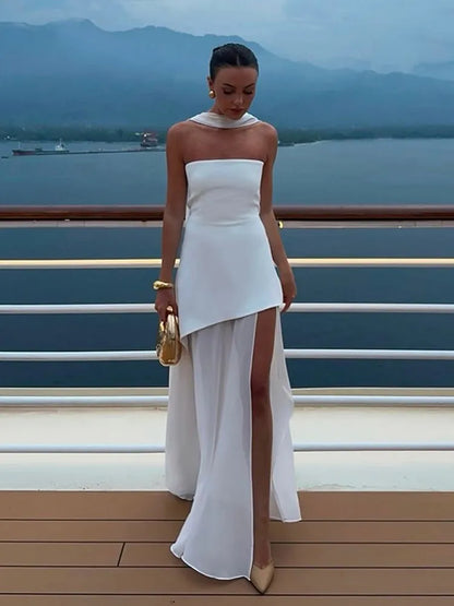 Elegant Off-shoulder Strapless Yellow Long Dresses 2025 Summer Party Dress Women Pleat Scarf Neck Holiday Evening Lady Vestidos