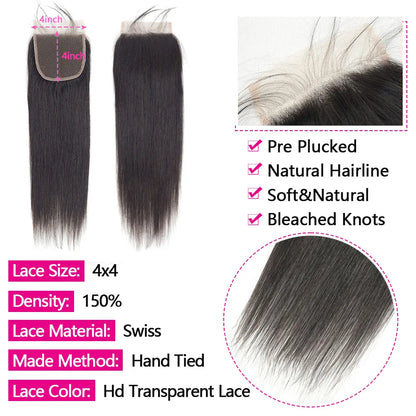 Straight Human Hair Bundles With A Closure Human Hair 24 Inch Transaprent Lace 4x4 5x5 2x6 Hd Lace Closure 3-5 Workdays Delivery