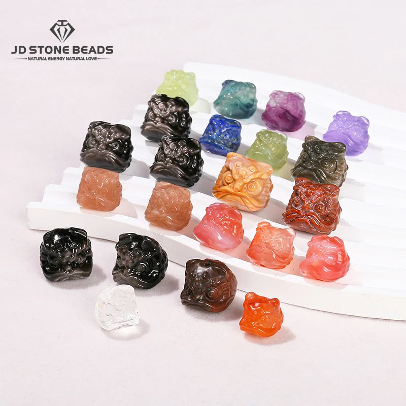 1 Pc Natural Stone Fluorite Obsidian Rock Quartz Carved Lion Head Beads With Hole For Jewelry Making Diy Necklace Bracelet