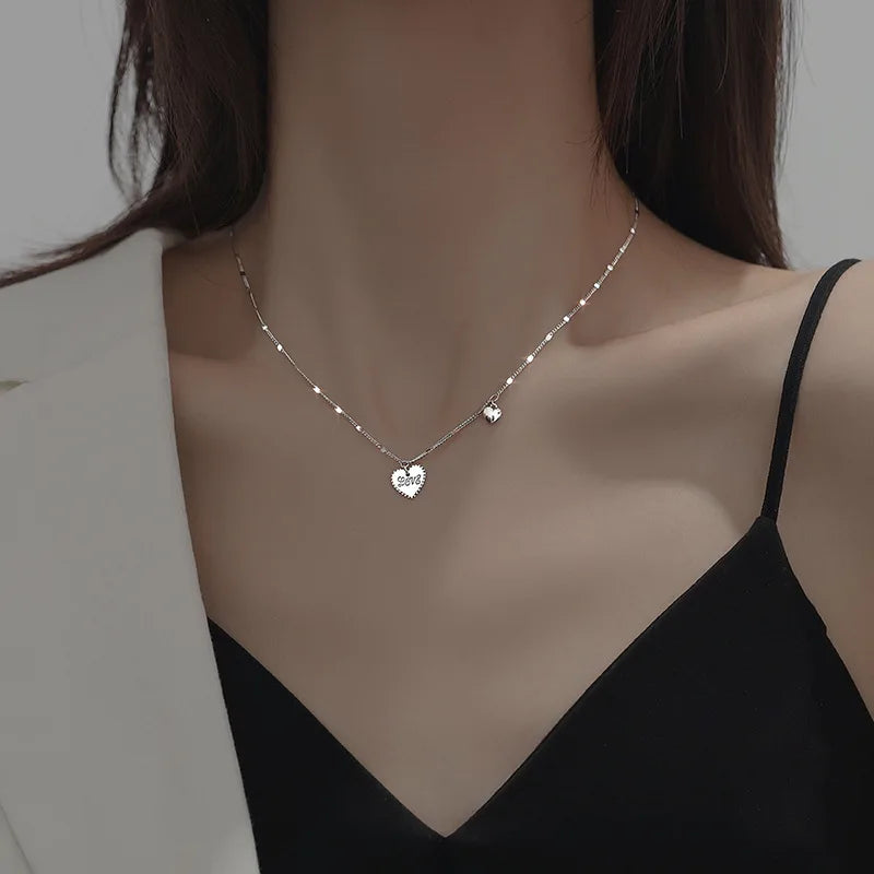 Silver Color Love Asymmetric Chain Necklace for Women Sweet Temperament Party Jewelry 925 Stamp Gifts Dropship