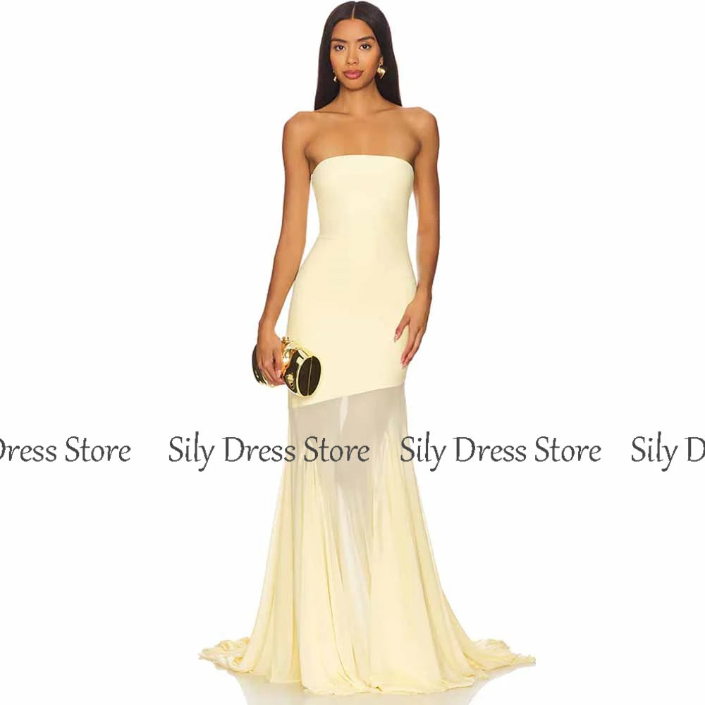 Women's Long Chic Evening Dresses 2025 Spandex Tulle Mermaid Valentine's Day Dress Pale yellow Strapless Ruched Prom Gown Long