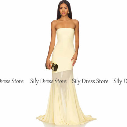 Women's Long Chic Evening Dresses 2025 Spandex Tulle Mermaid Valentine's Day Dress Pale yellow Strapless Ruched Prom Gown Long