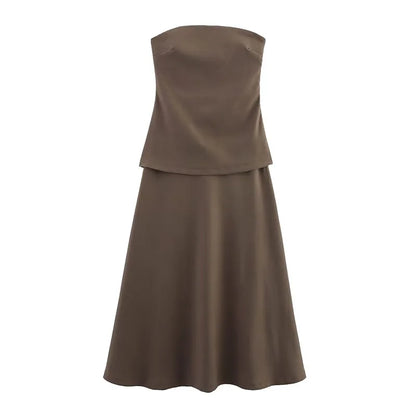 Vintage Patchwork Strapless Long Robes Women's Slim Backless Solid A-line Chest Wrap Dress 2025 Summer New Female Dresses