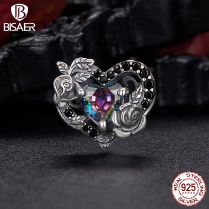 BISAER 925 Sterling Silver Vintage Dark Rose Charm Bead Black Rose Pendant for Women DIY Bracelet & Necklace Fine Jewelry