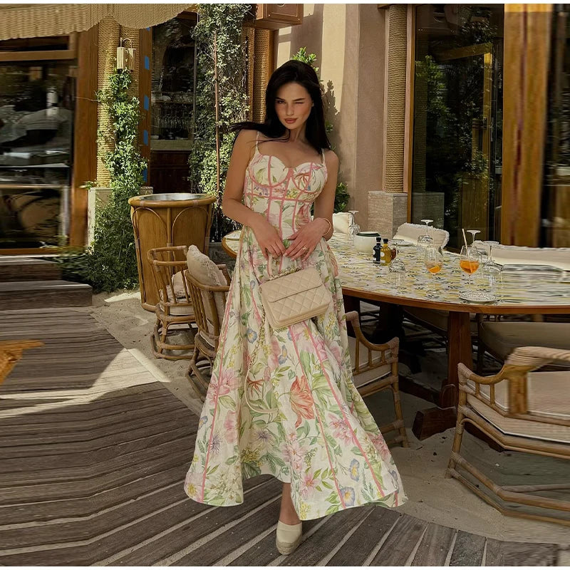 Women Elegant Printed Halter Long Sling Dress Sexy V-neck Sleeveless High Waist Slim A-line Dresses Lady Evening Party Dress