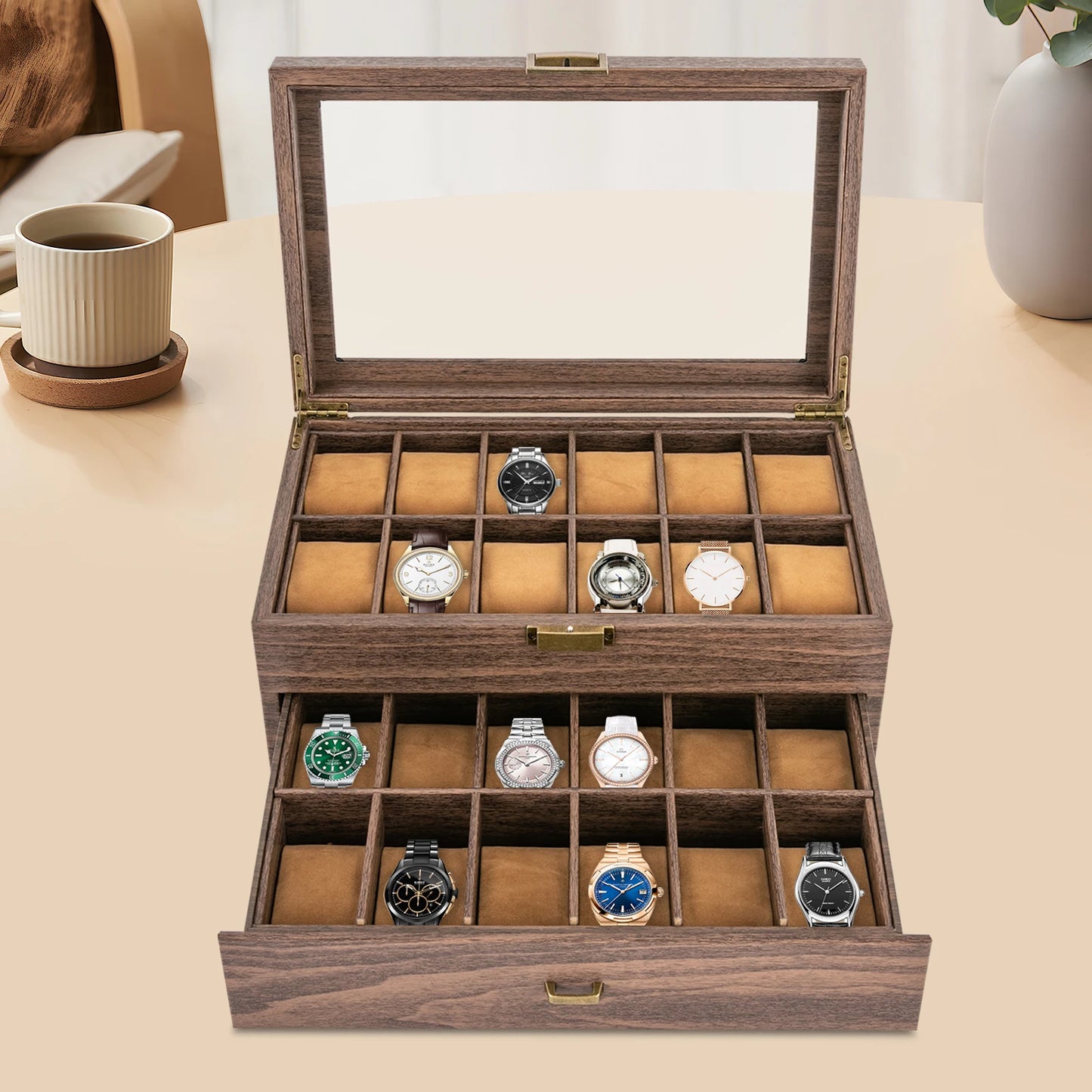 Watch Box, 2 Layers 24 Compartments, Watch Display Case with Transparent Window Veneer,Watch Box Organizer, Wooden W