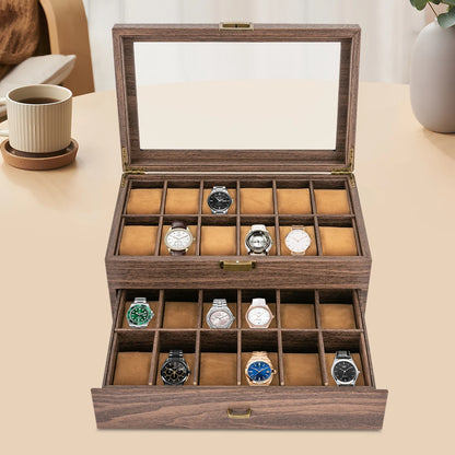 Watch Box, 2 Layers 24 Compartments, Watch Display Case with Transparent Window Veneer,Watch Box Organizer, Wooden W