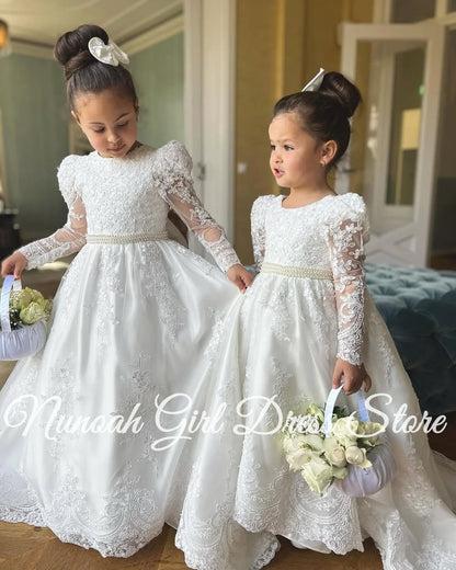 White Flower Girl Dresses for Wedding Bow Lace Appliques Floor Length Girls Kids Birthday Party Communion Party Gowns Customized