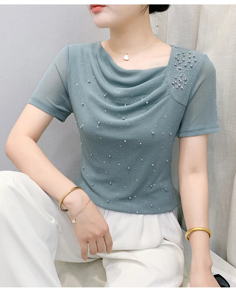 Korean Fashion Hot Diamond T Shirt Summer Casual Skew Neck Mesh Tops Beaded Short Sleeve Women Tees