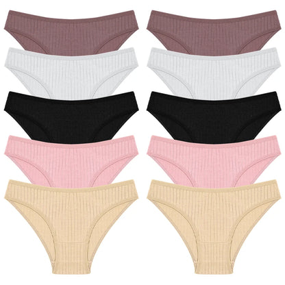 FINETOO 10PCS Women's Cotton Panties Sexy Breathable Underwear Female Solid Comfortable Lingerie Striped Briefs Wholesale M-XL