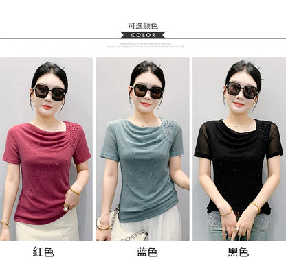Korean Fashion Hot Diamond T Shirt Summer Casual Skew Neck Mesh Tops Beaded Short Sleeve Women Tees